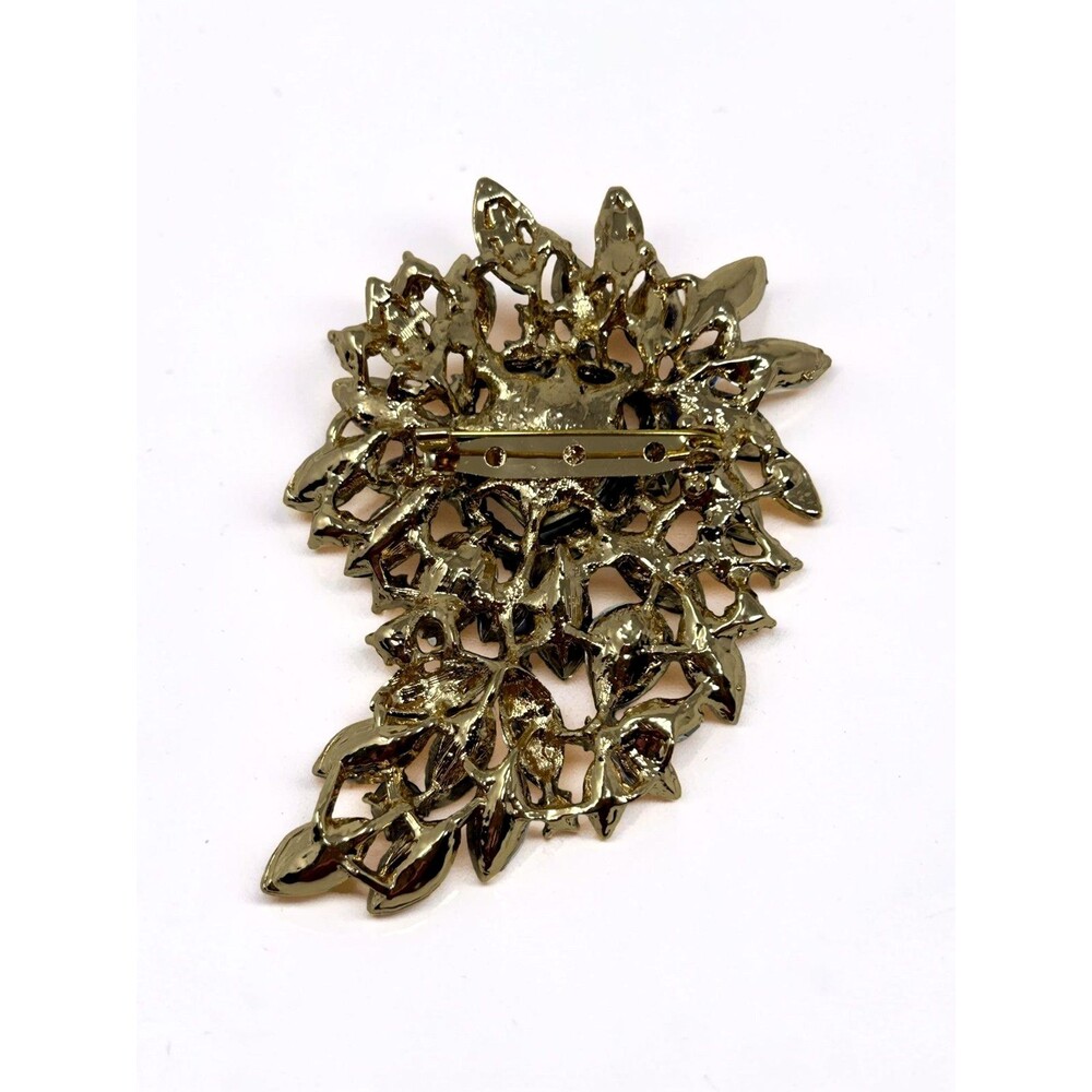 Blue Rhinestone Floral Spray Brooch Pin Gold Tone Heart Statement Vintage Style - Picture 3 of 5